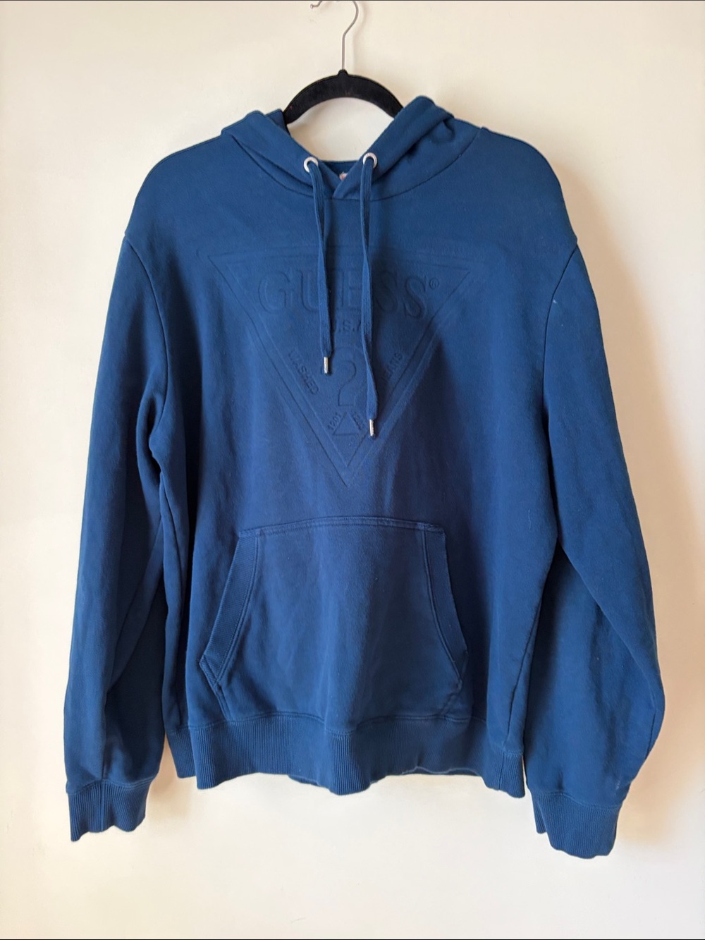 GUESS Men's Navy Blue Embossed Logo Crewneck Hoodie